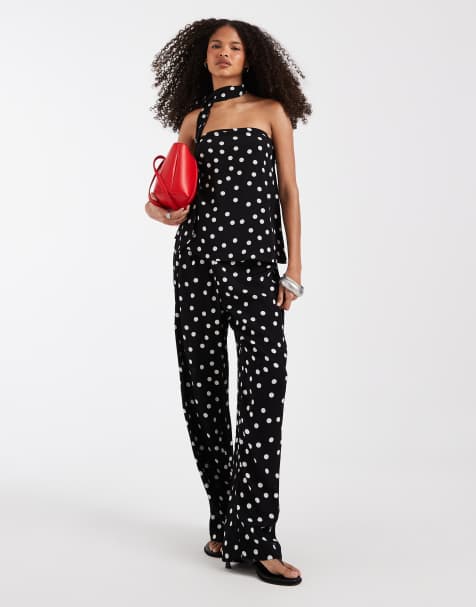 Vero Moda woven bandeau top with scarf detail and wide leg pants set in black and white polka dot - view 1