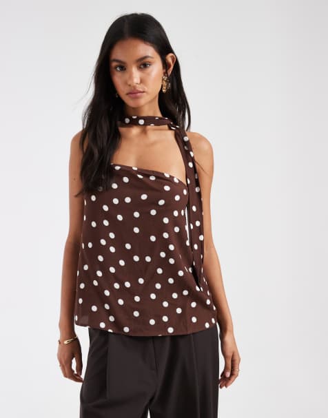 Vero Moda woven bandeau top with scarf detail co-ord in chocolate and white polka dot