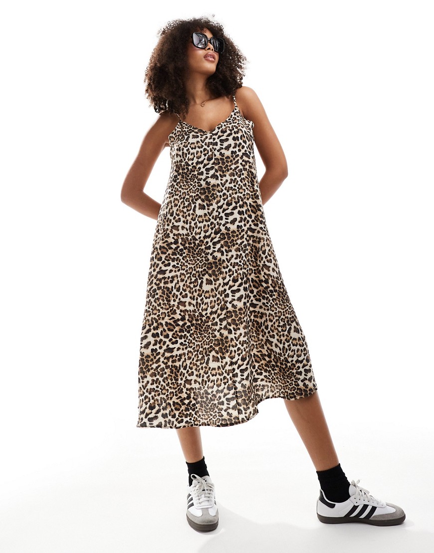 Vero Moda woven cami midi dress with v front in leopard print-Multi