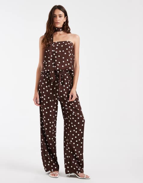 Vero Moda woven strapless top with scarf detail & wide leg pants set in chocolate brown and white polka dots - view 1