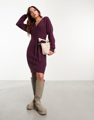 Vero Moda Wrap Belted Long Sleeve Knitted Mini Dress In Burgundy-red