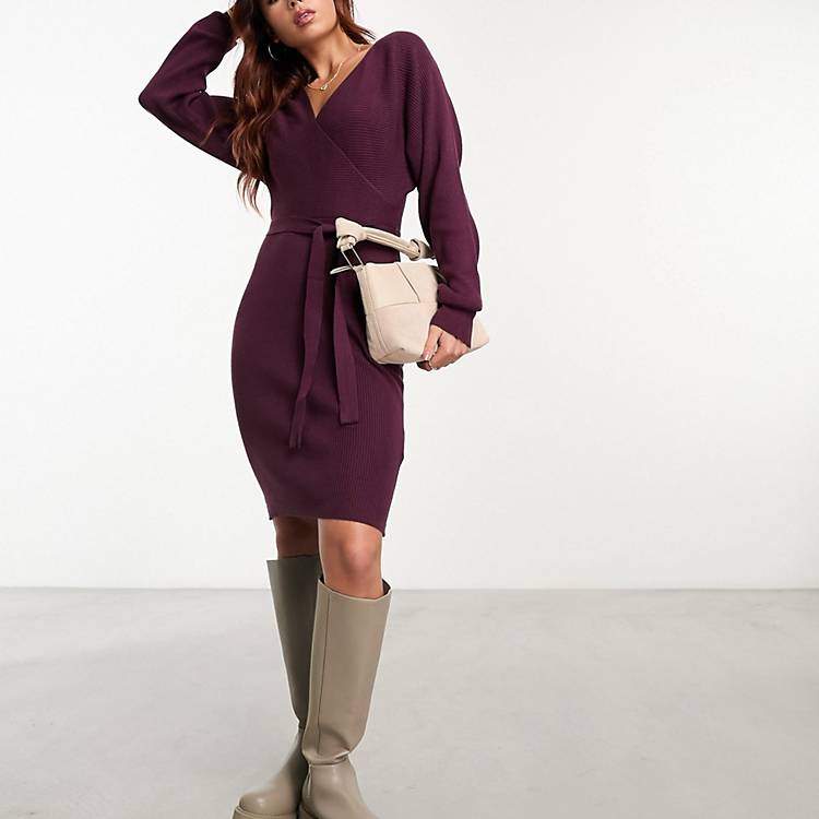 Vero Moda wrap belted long sleeve knitted mini dress in burgundy