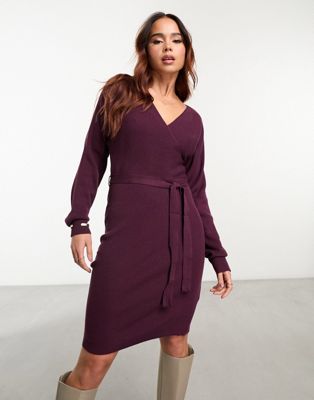 Vero Moda wrap belted long sleeve knitted mini dress in burgundy