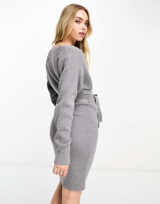 Vero Moda wrap belted long sleeve knitted mini dress in grey, 2 of 4