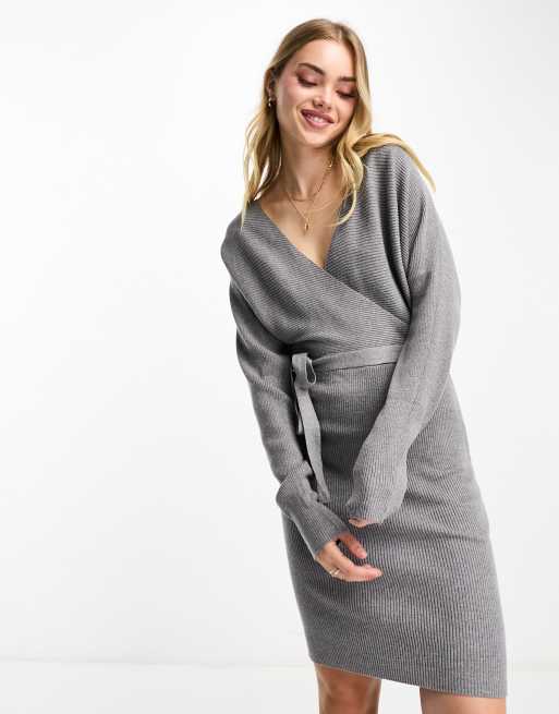Vero Moda wrap belted long sleeve knitted mini dress in grey, 3 of 4