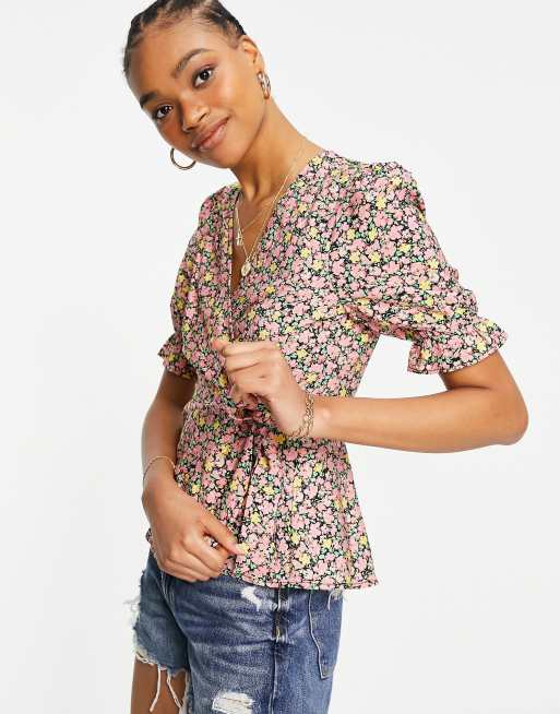 Ditsy Floral Shirred Wrap Blouse  Fashion clothes women, Trendy