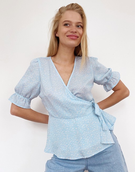 Vero Moda wrap blouse with puff sleeve in blue ditsy