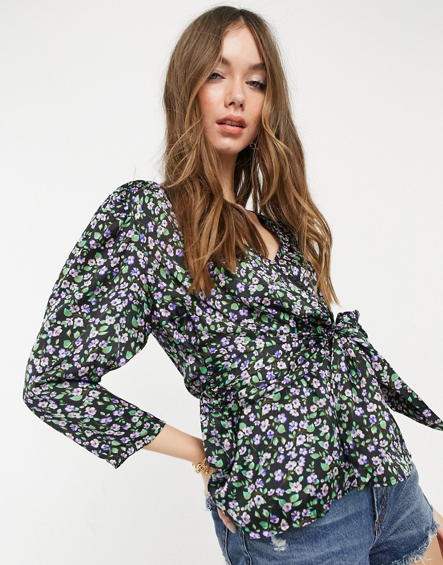 Vero Moda Wrap Blouse With Puff Sleeves And Deep Cuffs In Purple Floral-multi