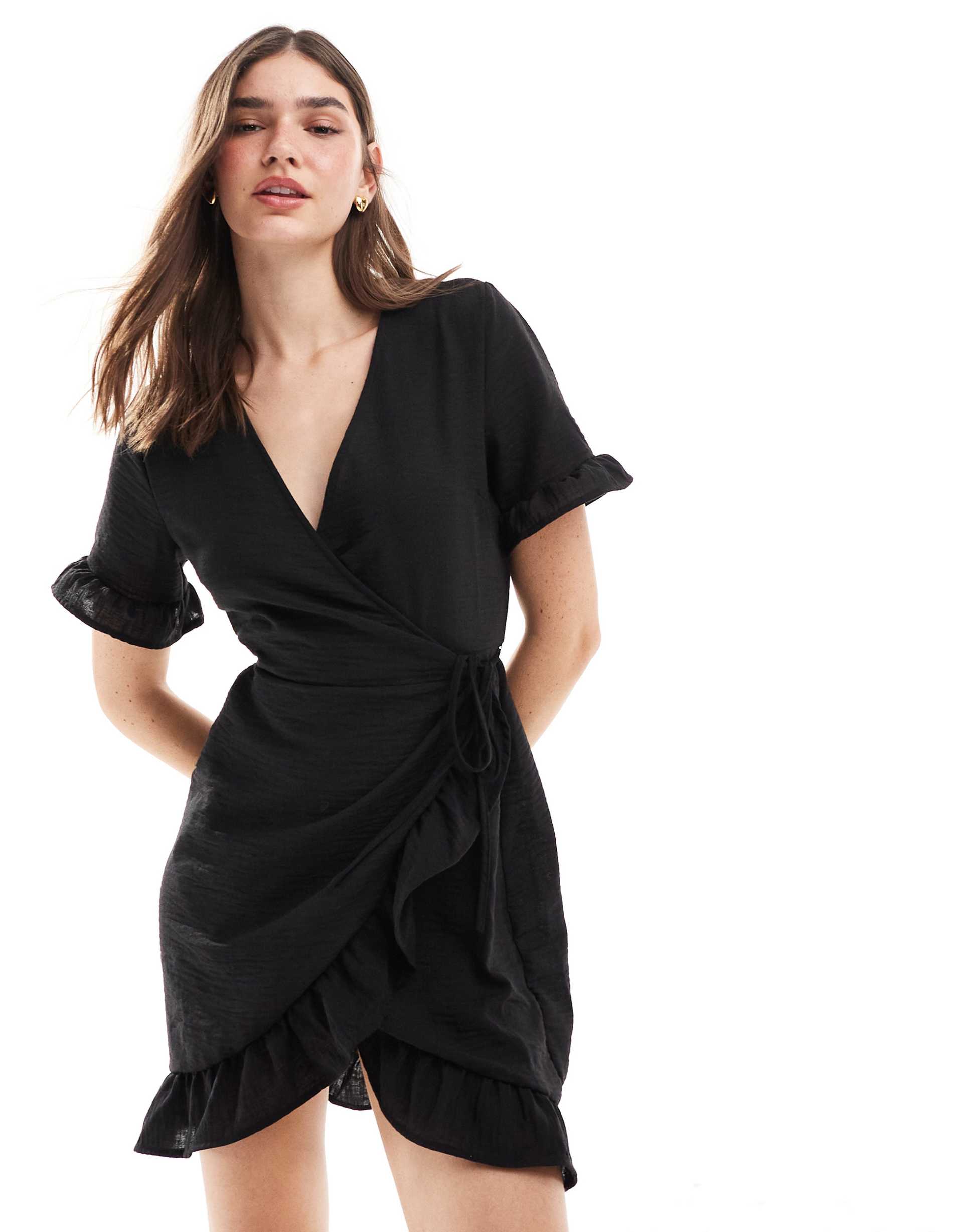 vero moda wrap dress with frill detail in black