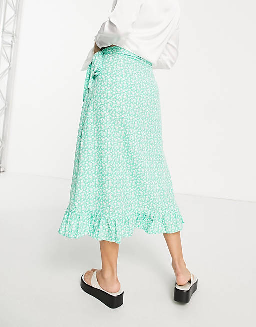 Vero Moda wrap frill midi skirt in green ditsy floral