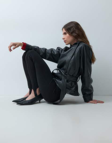 Vero Moda wrap front coated leather-look jacket with tie waist in black - view 1