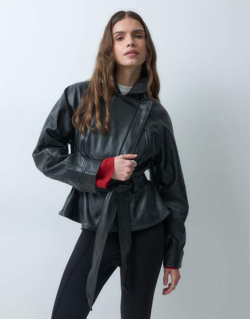 Vero Moda wrap front coated leather-look jacket with tie waist in black, 3 of 5
