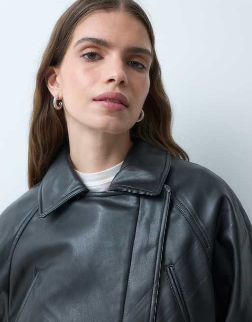 Vero Moda wrap front coated leather-look jacket with tie waist in black, 5 of 5