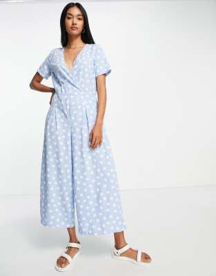 Vero Moda wrap front jumpsuit in blue spot