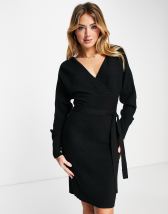 In The Style exclusive knitted wrap midi jumper dress in black | ASOS