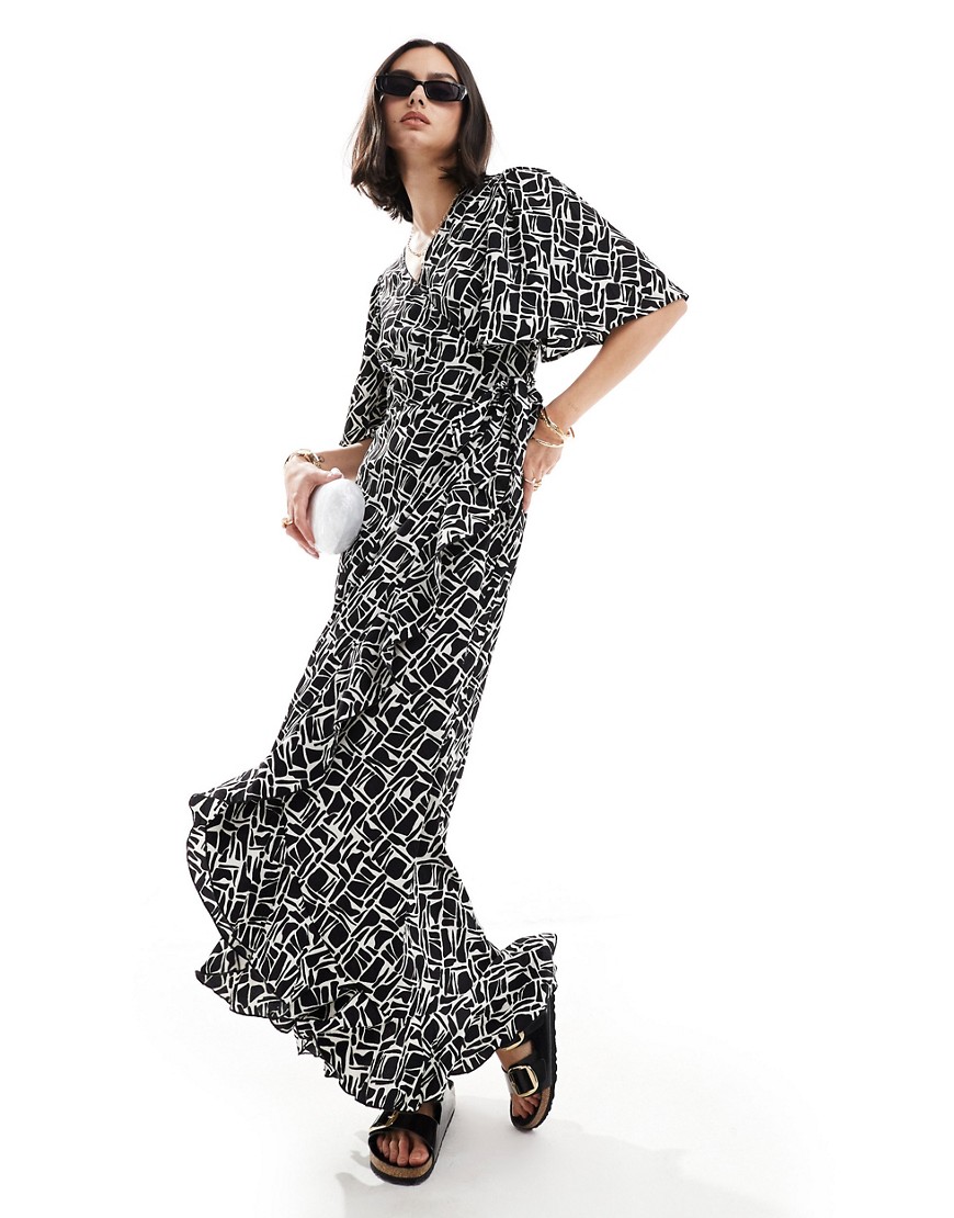 Vero Moda wrap front maxi dress in black abstract print