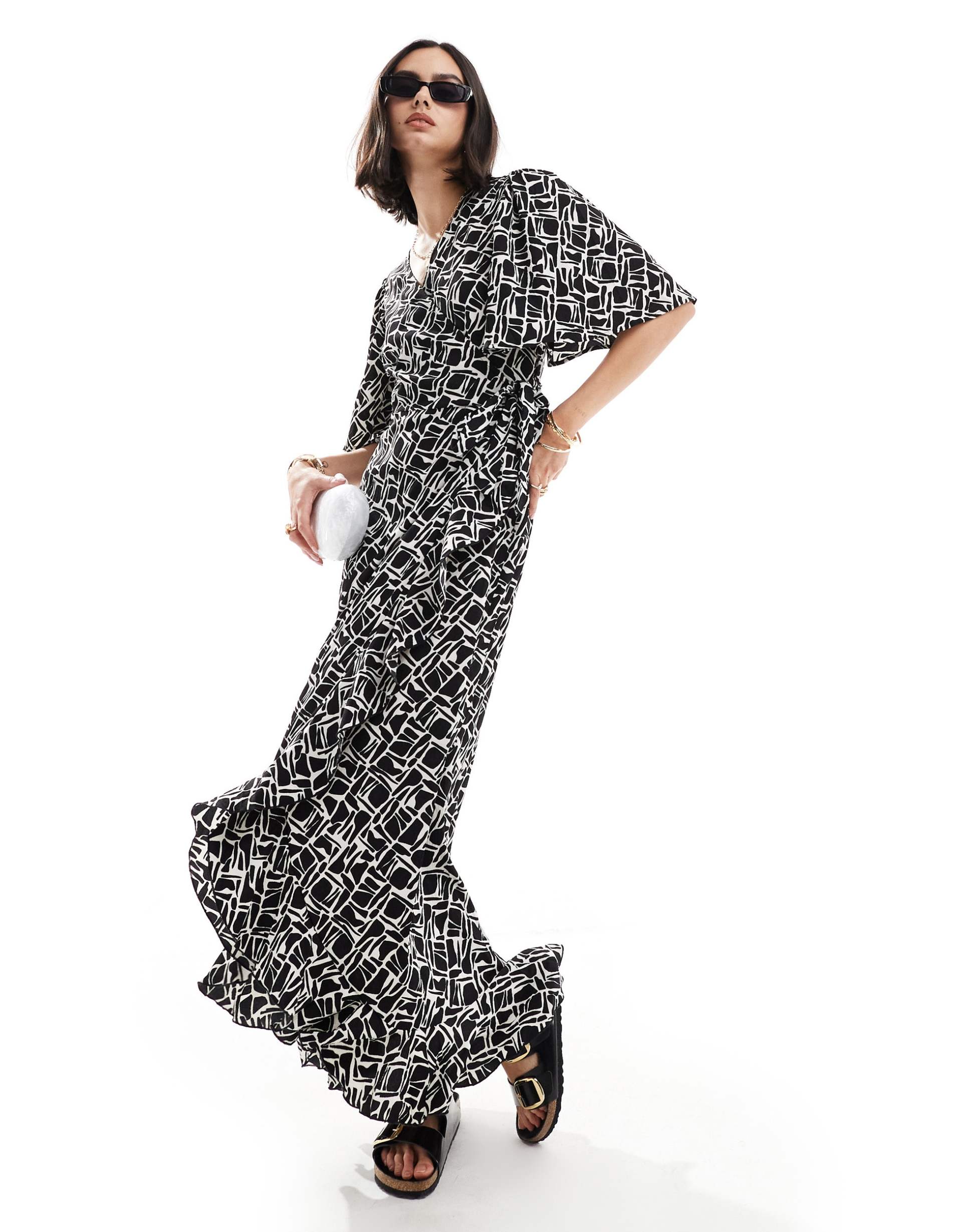 vero moda wrap front maxi dress in black abstract print