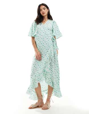 Vero Moda Wrap Front Maxi Dress In Light Blue Floral-green