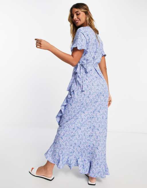 Vero Moda wrap front maxi tea dress in blue floral | ASOS