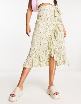 Vero Moda Wrap Front Midi Skirt In Green Florals