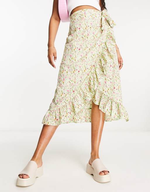 Vero Moda wrap front midi skirt in green florals |