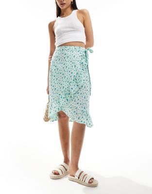 Vero Moda Wrap Front Midi Skirt In Light Blue Floral-green