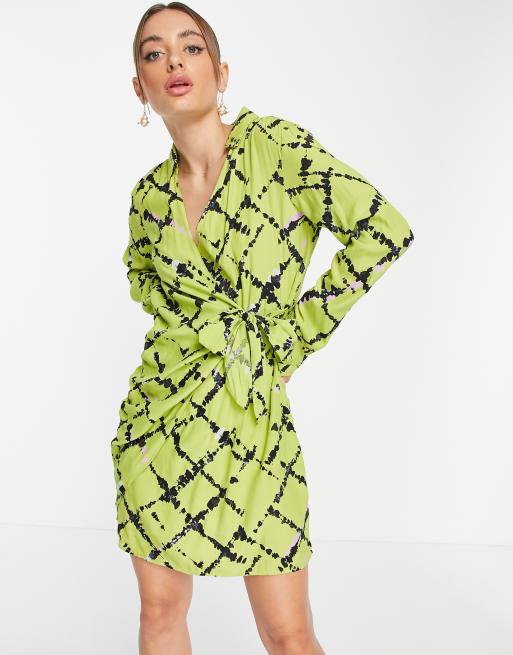 Vero Moda wrap front mini dress in lime splatter check | ASOS