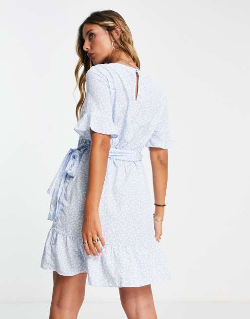 Vero Moda wrap front mini tea dress in blue floral, 2 of 4