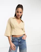 River Island satin frill cuff shirt in brown | ASOS