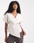 [Vero Moda] Vero Moda wrap front top with hammered metal button detail in cream-White XXS Pumice stone