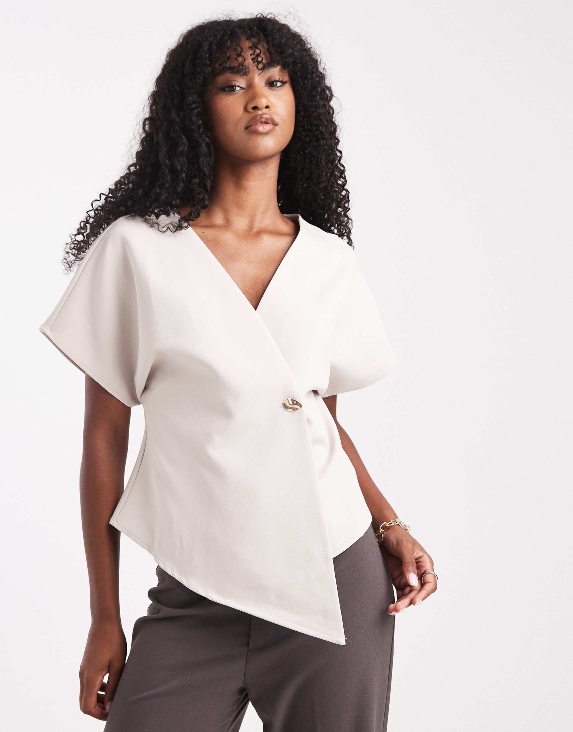 vero moda wrap front top with hammered metal button detail in cream