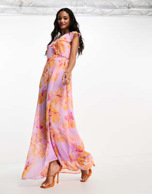 Vero Moda Wrap Maxi Dress In Lilac And Orange Florals