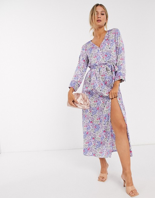 Vero Moda wrap maxi dress with tie side in blue floral