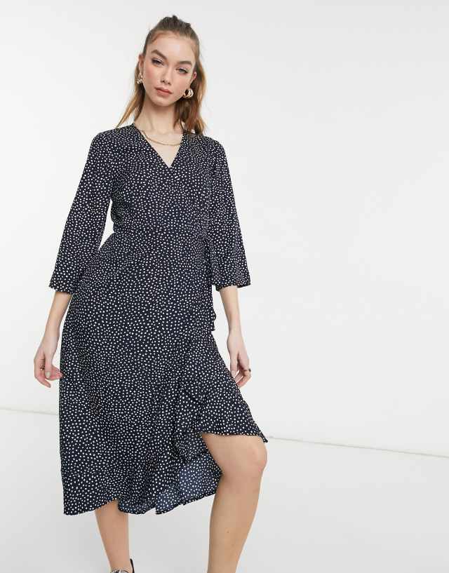 Vero Moda wrap midi dress in navy dot