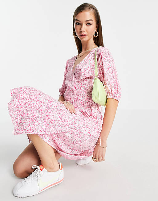 Vero Moda wrap midi dress in pink ditsy floral