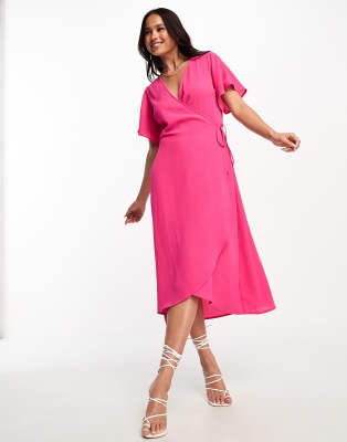 Vero Moda wrap midi dress with flutter sleeves in pink | ASOS