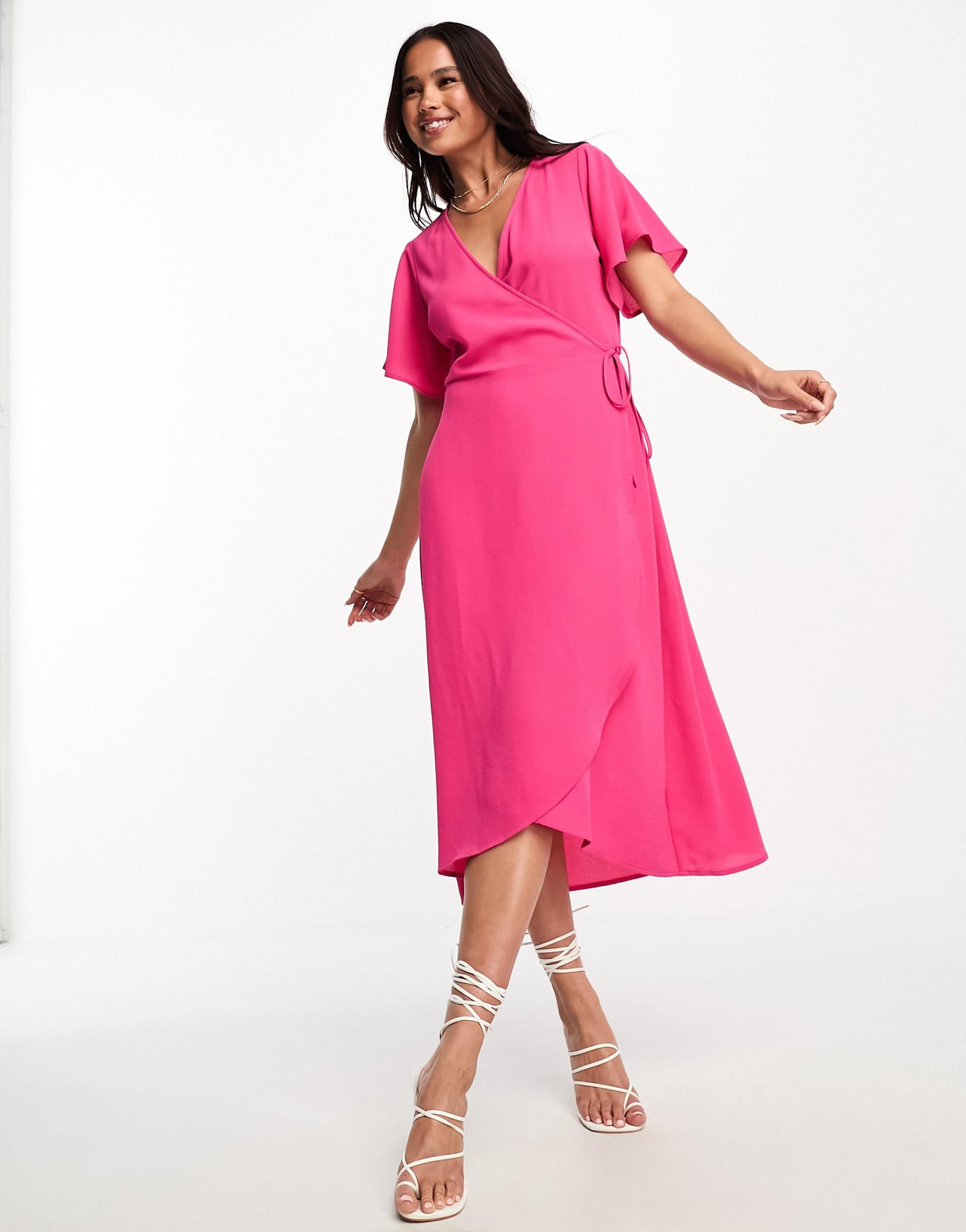 vero moda wrap midi dress with flutter sleeves in pink