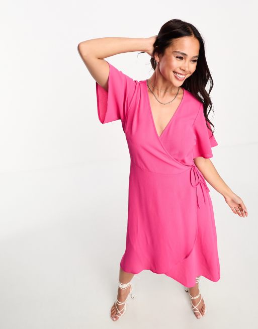 Vero Moda wrap midi dress with flutter sleeves in pink