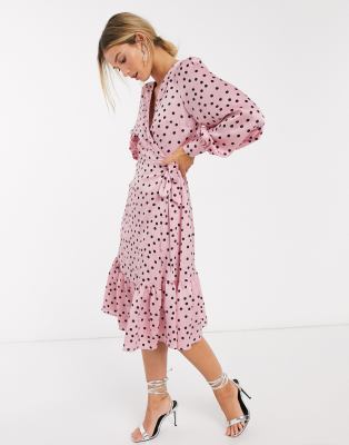 Vero Moda midi with ruffle in pink polka dot | ASOS