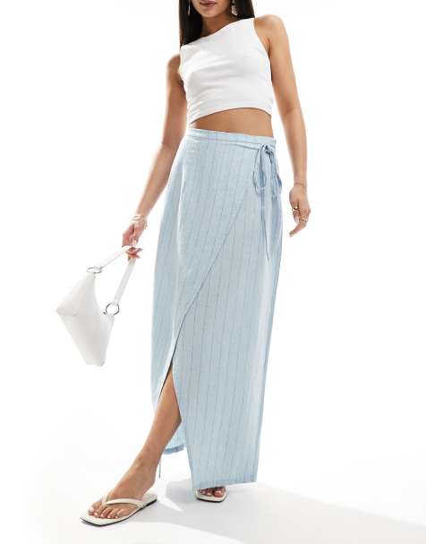 Vero Moda wrap midi skirt in pale blue pinstripe - view 1