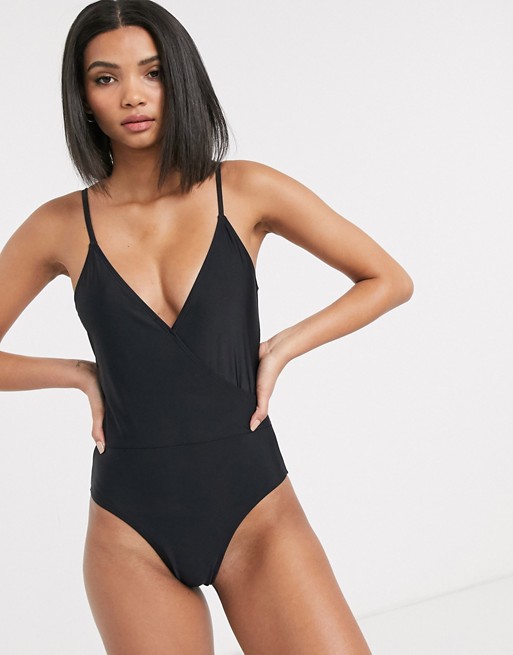 Vero Moda wrap swimsuit with scoop back in black