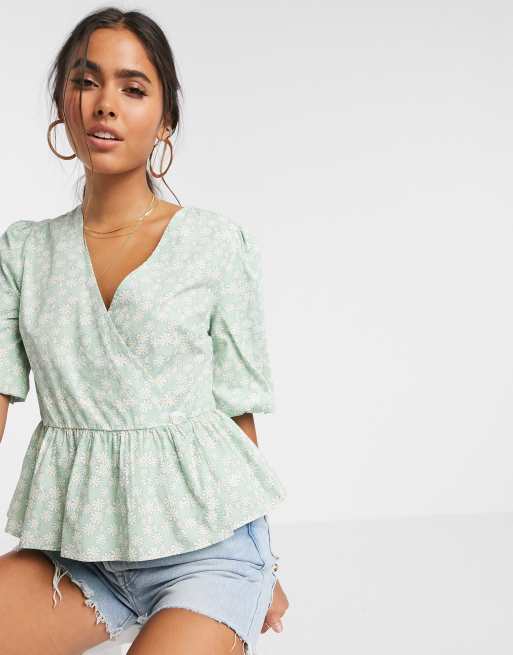 Vero Moda wrap top with peplum and puff sleeves in green daisy ...