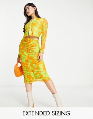 Vero Moda X Joann Van Den Herik mesh ruched midi skirt co-ord in orange and lime print - ASOS Price Checker