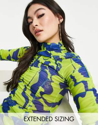 Vero Moda X Joann Van Den Herik Mesh High Neck Top With Seam Detail In Blue And Lime Print-green