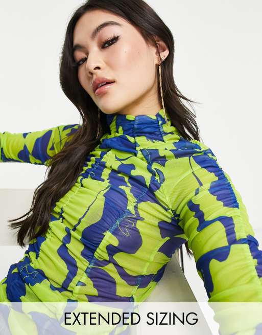 Vero Moda X Joann Van Den Herik mesh high neck top with seam detail in blue and lime print