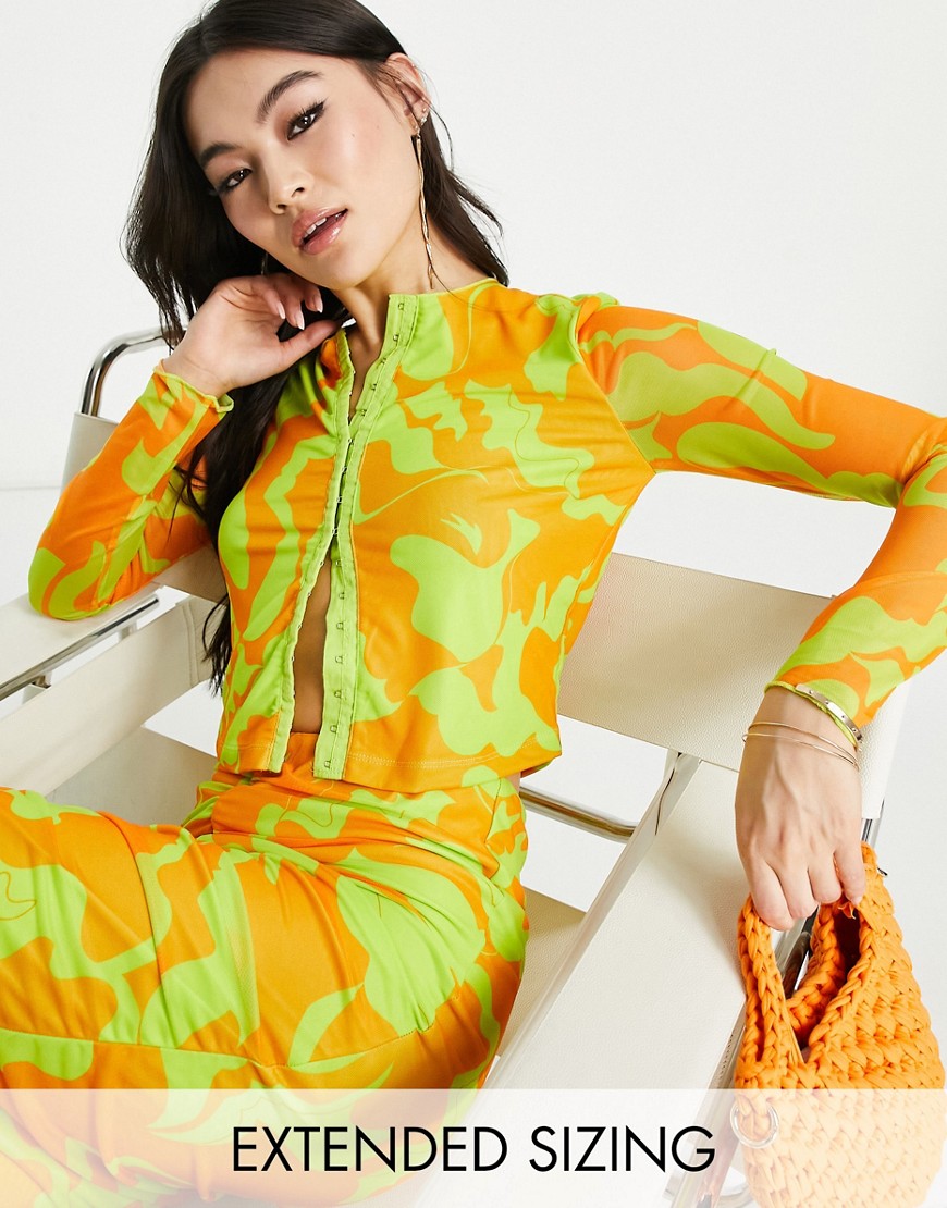 Vero Moda X Joann Van Den Herik mesh long sleeved top co-ord with seam detail in orange and lime print