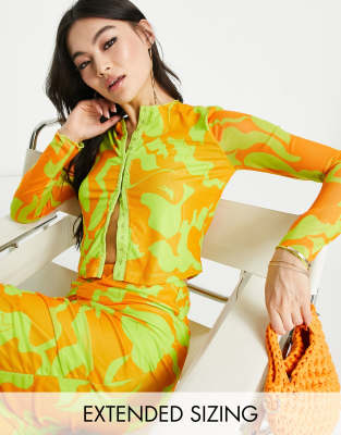 Vero Moda X Joann Van Den Herik Mesh Ruched Midi Skirt In Orange And Lime Print - Part Of A Set In Orange