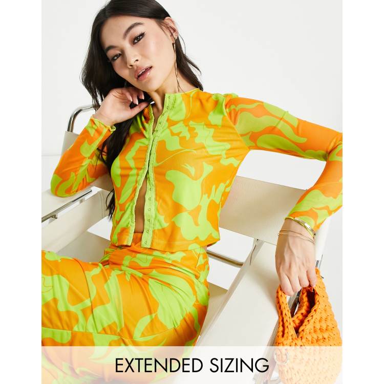 Vero Moda X Joann Van Den Herik mesh long sleeved top with seam detail in orange and lime print part of a set