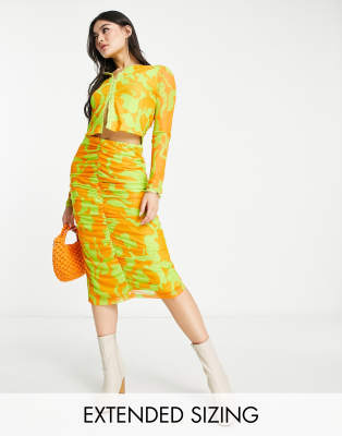 Vero Moda X Joann Van Den Herik Mesh Ruched Midi Skirt In Orange And Lime Print - Part Of A Set