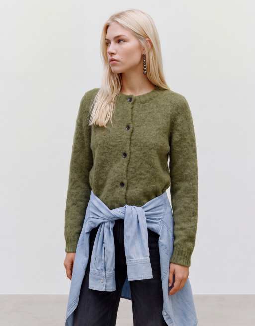 Vero Moda zachte fluffy gebreide cardigan met ronde hals in mosgroen, 3 van 4